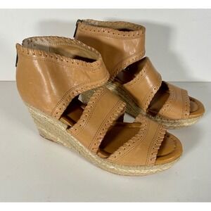 Corso Como Tan Leather Espadrille Wedge Sandals Whipstitch Back Zip Womens 7.5M